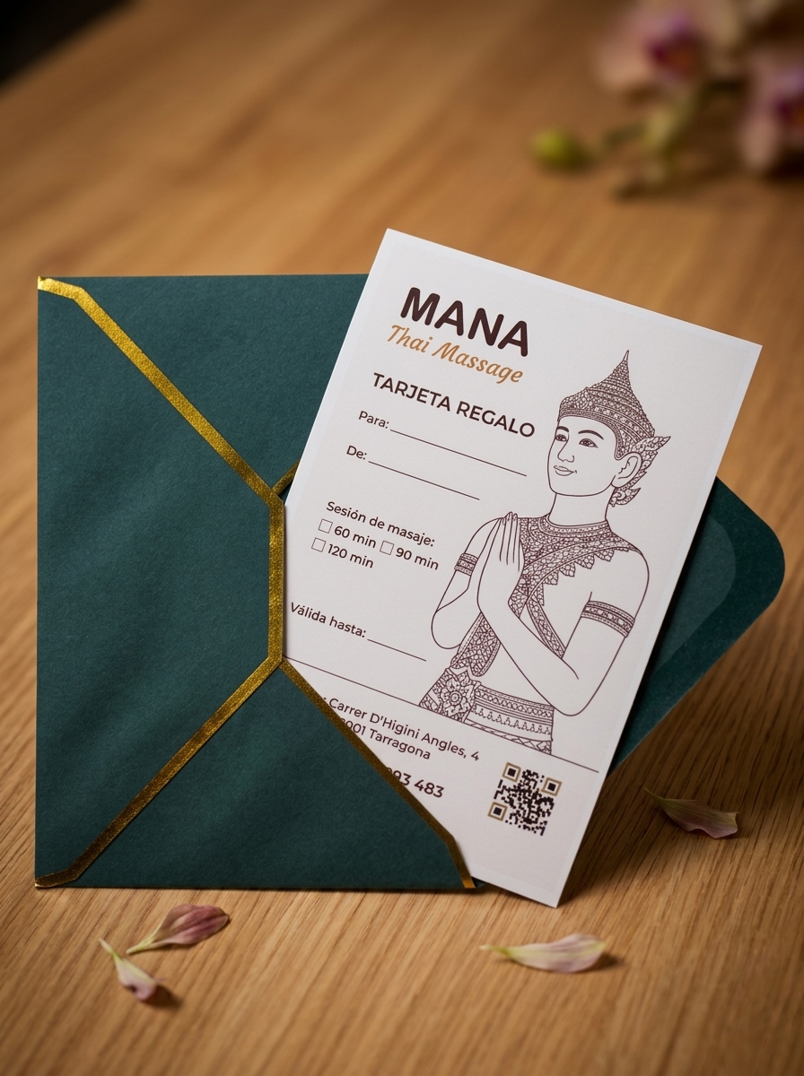 Mana Thai Massage gift card in a teal and gold envelope
